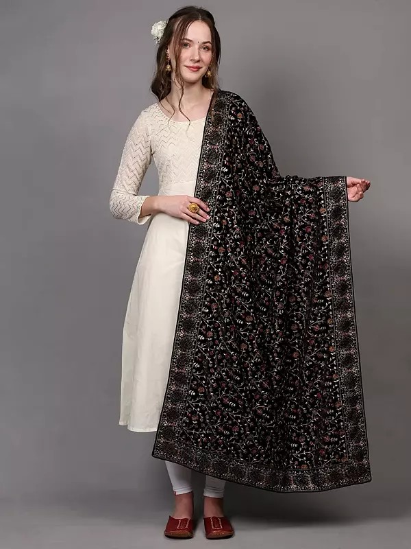 Velvet Dupatta from Amritsar with Multicolor Thread Embroidered Phool Bail and Bead Work