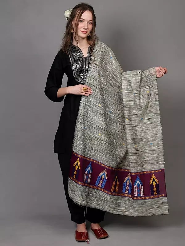 Forest-Fog Mix Weave Textured Khadi Dupatta with Thread Motif Contrast Border