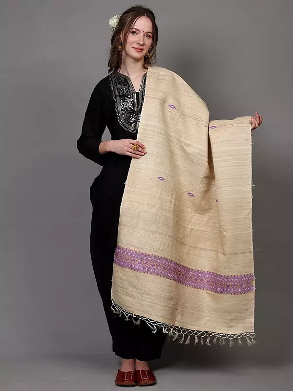 Bleached-Sand Jute Dupatta with Threadwork Bootis and Border