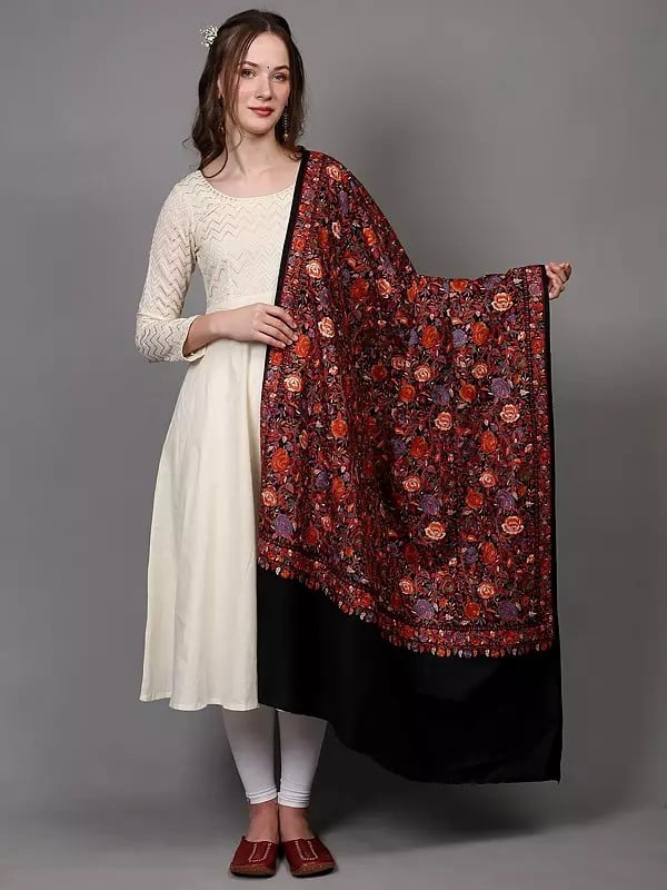 Pure Wool Shawl from Punjab with Multicolor Intricate Embroidered Floral Vines