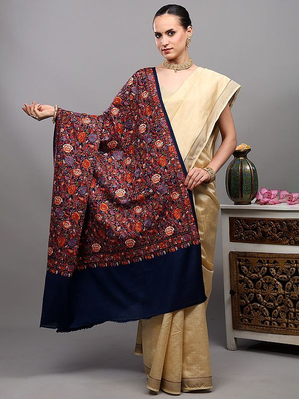 Pure Wool Shawl from Punjab with Multicolor Intricate Embroidered Floral Vines