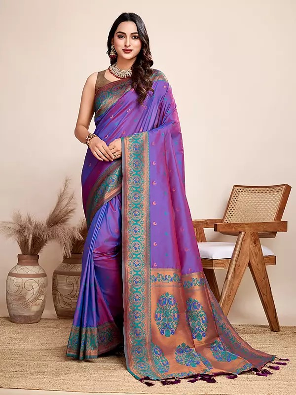 Pure Jacquard Zari Woven Wide Border Fancy Saree With Contrast Floral Tassels Pallu