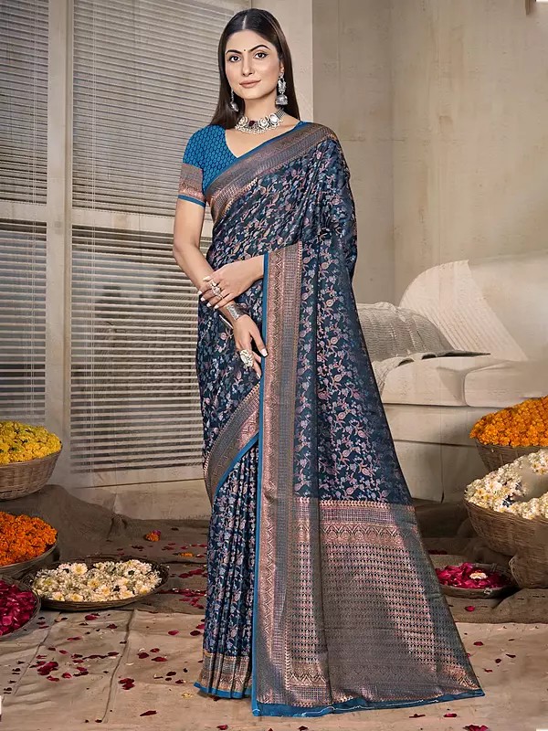 All Over Floral Motifs Design Weaving Work Silk Festive Wear Saree With Blouse
