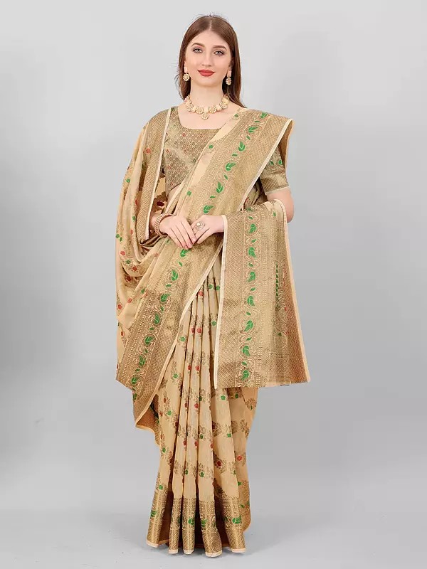 Floral Thread Design Wide Border Soft Cotton Silk Attractive Saree With Contrast Rich Pallu