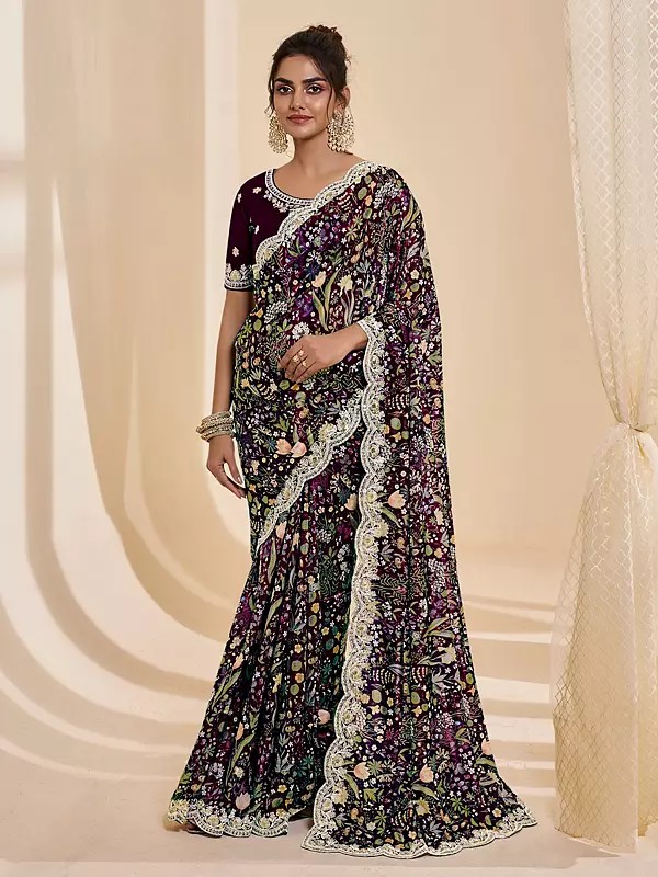 Floral Print All Over Embroidery Work Border Designer Party Wear Crepe Saree With Matching Blouse