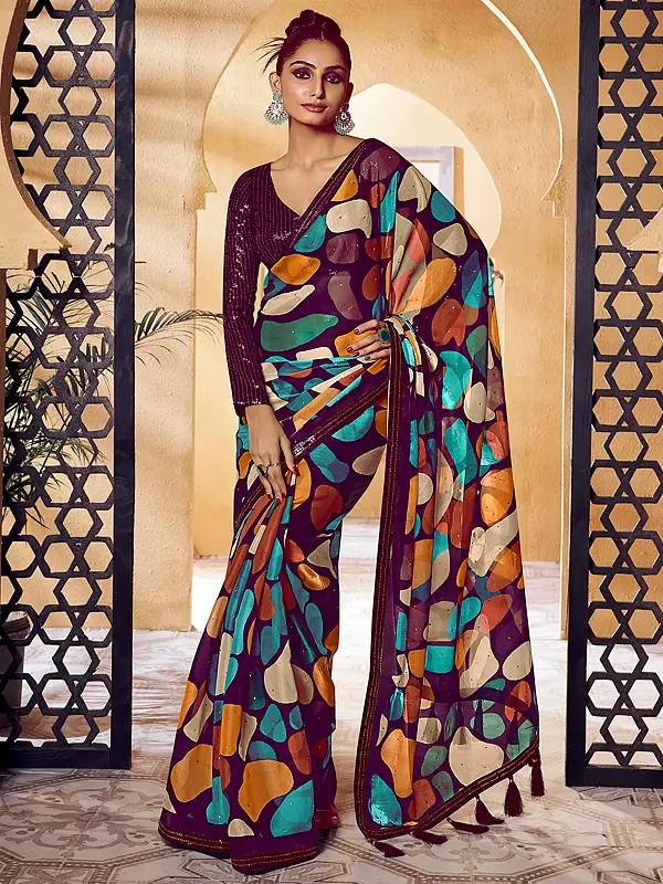 Abstract Print Sequins Work Designer Party Wear Jimmy Choo Saree With Full Sleeve Blouse