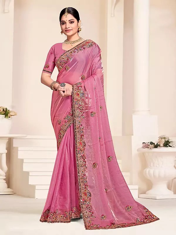 Patch Border Two Tone Silk Sequins And Embroidery Work Fancy Saree With Blouse