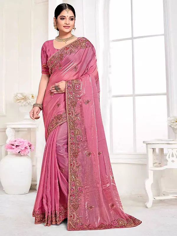 Sequins And Embroidery Work Patch Border Two Tone Silk Fancy Saree With Matching Blouse