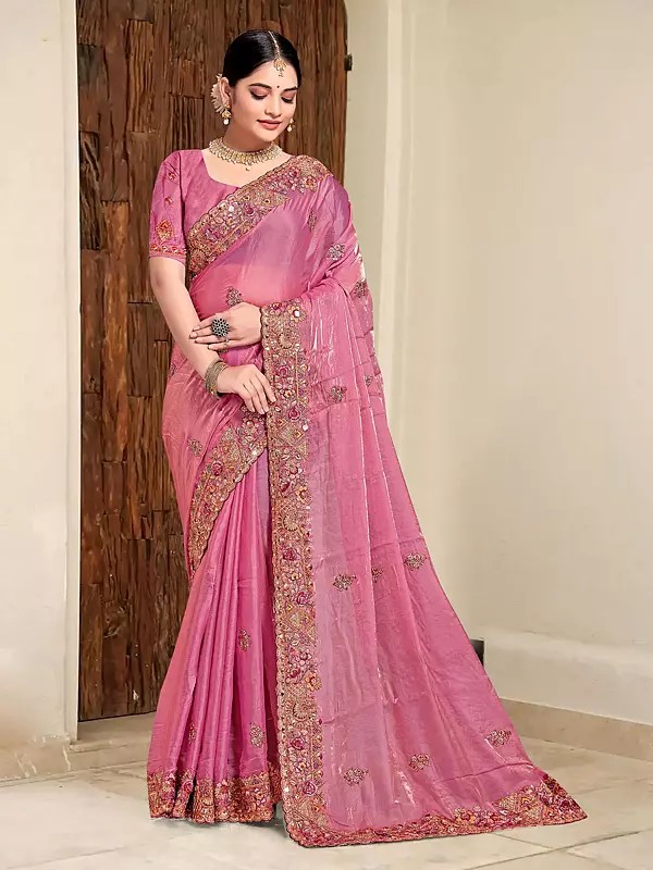 Two Tone Silk Embroidery And Sequins Work Patch Border Fancy Saree With Blouse