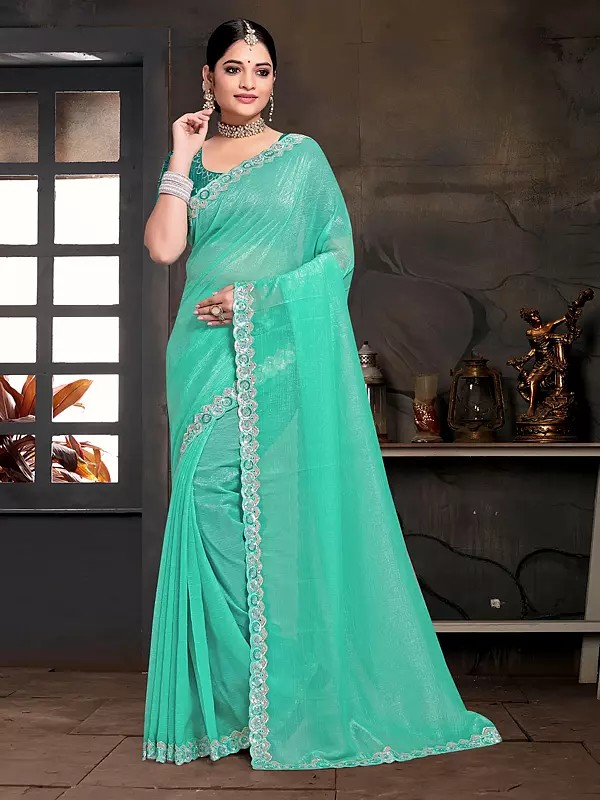 Sequins And Embroidery Work Border Solid Attractive Silk Party Wear Saree With Blouse