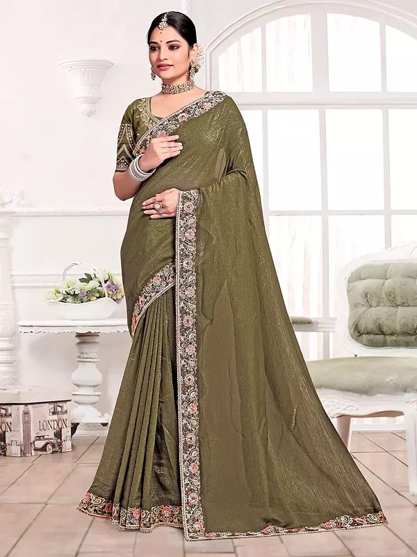 Sequins And Embroidery Work Floral Border Solid Silk Party Wear Saree With Matching Blouse