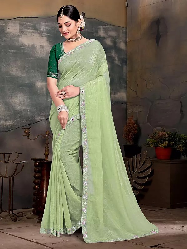 Silk Sequins And Embroidery Work Border Party Wear Solid Saree With Blouse