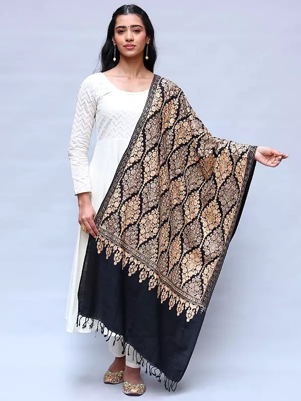 Black-Ink Wool Aari Embroidered Stole from Kashmir