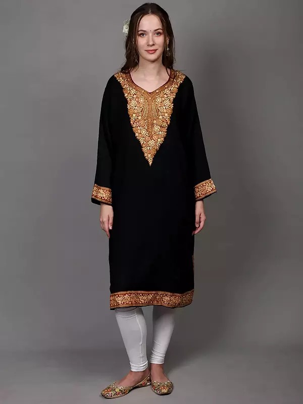 Pirate-Black Kashmir Phiran with Aari Embroidered Flowers and Paisleys