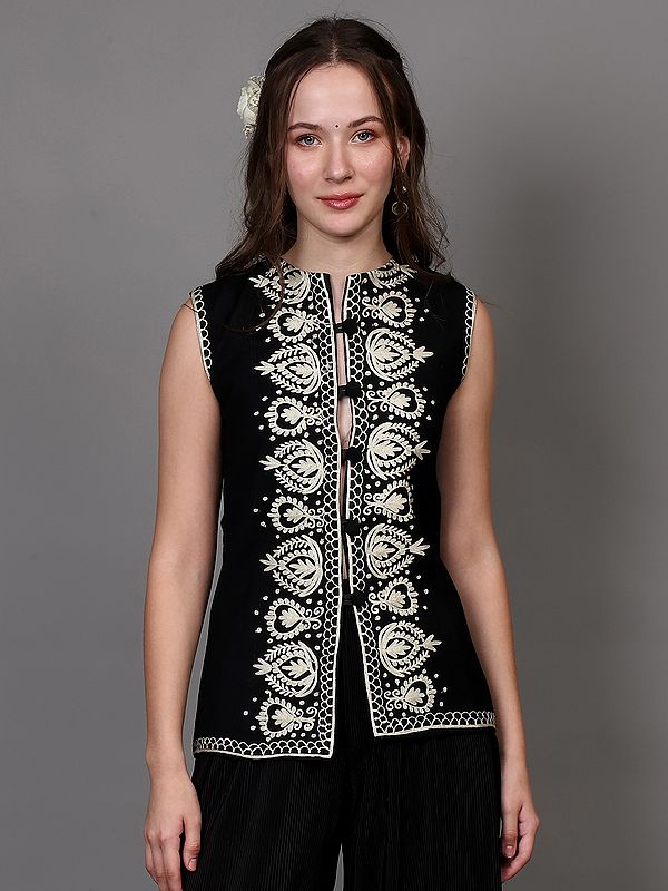 Black-Onyx Wool Sleeveless Jacket with Chain Stitch Embroidery