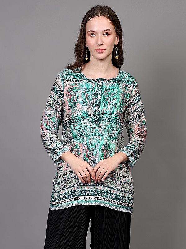 Crepe Embroidered Short Kurti with Printed Paisleys