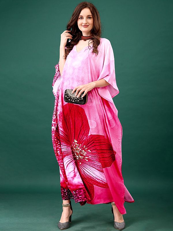 Geranium-Pink Silk Long Kaftan with Printed Hibiscus Flower
