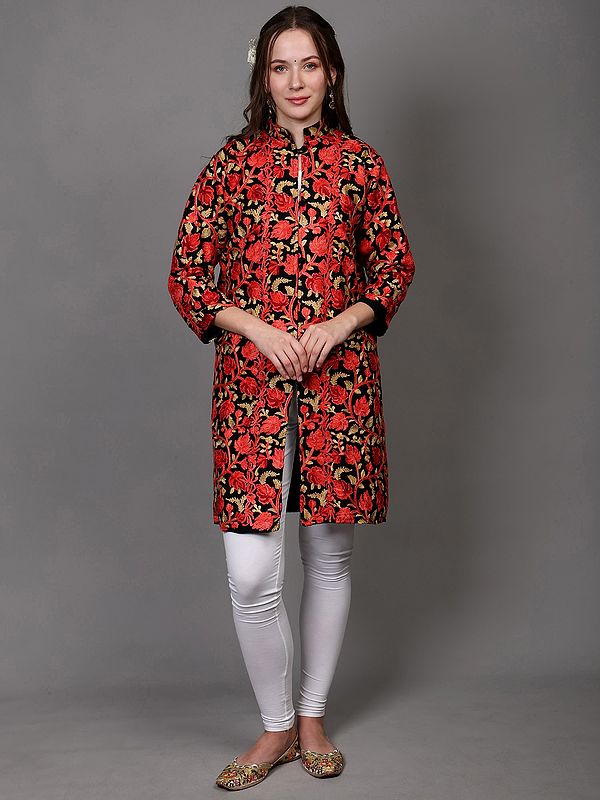 Pirate-Black Wool Long Jacket with All-Over Aari Embroidered Maple Vines from Kashmir