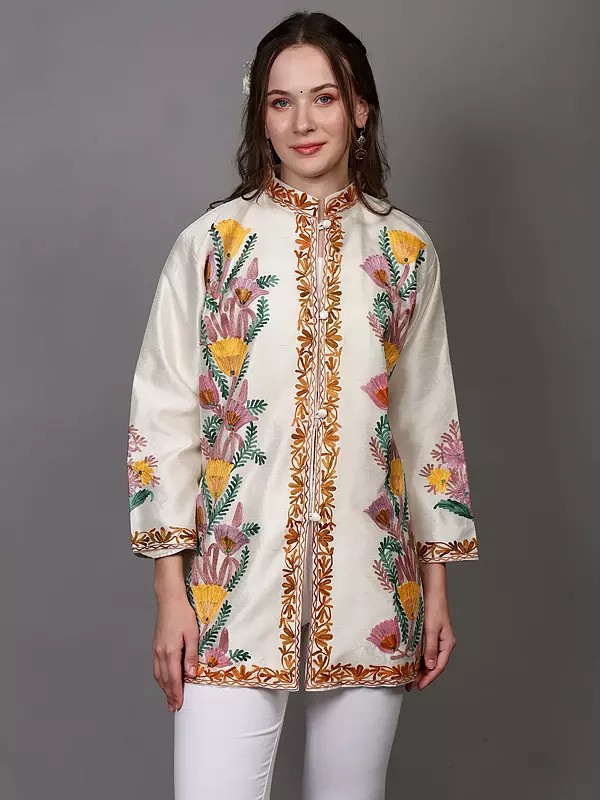Cannoli-Cream Aari Embroidered Short Jacket from Kashmir