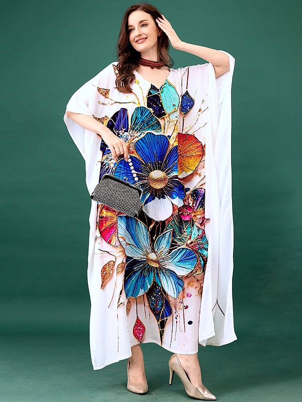 Lucent-White Long Kaftan with Floral Print