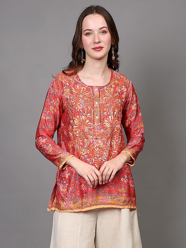 Floral Printed Crepe Straight Kurti with Chikankari Embroidery