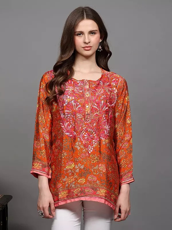 Floral Printed Crepe Straight Kurti with Chikankari Embroidery