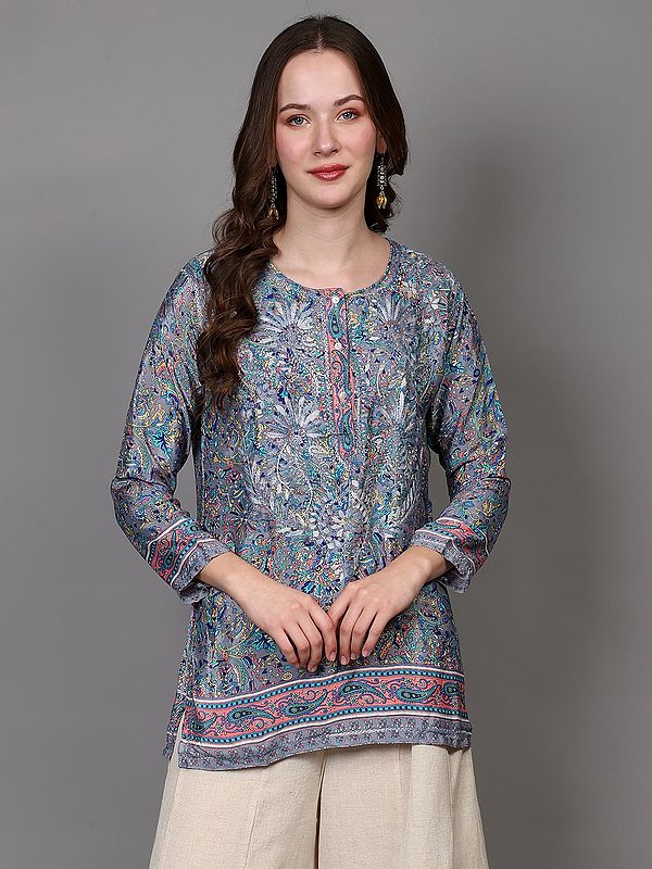 Dusty-Blue Floral Embroidered Short Kurti with Printed Motifs
