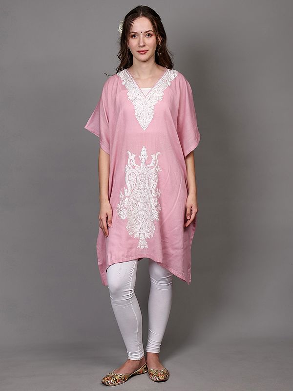 Pink-Dolphin Pure Wool Kashmiri Short Kaftan with Aari Embroidered Paisleys
