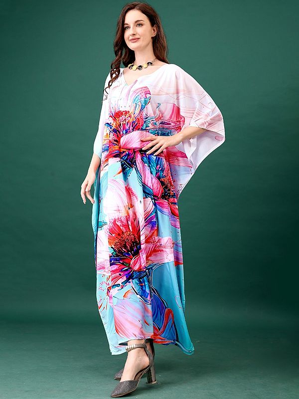 Bloom Flowers Printed V-neck Long Kaftan