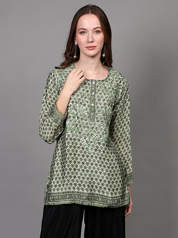 Greenery Crepe Bootis Printed Shorti Kurti with Floral Embroidery