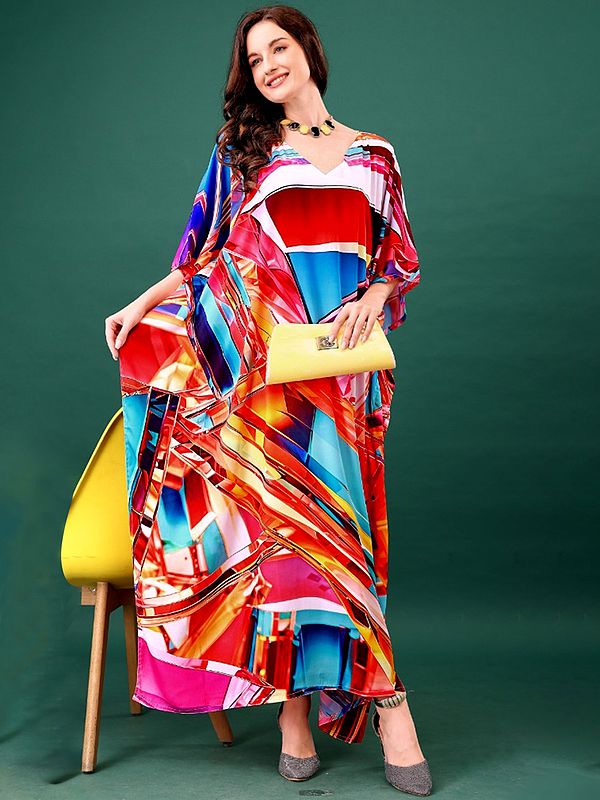 Multicoloured Long Kaftan with Printed Abstract Pattern