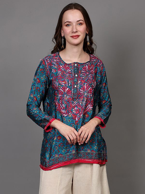 Enamel-Blue Crepe Short Kurti with Printed Floral Paisley Vine