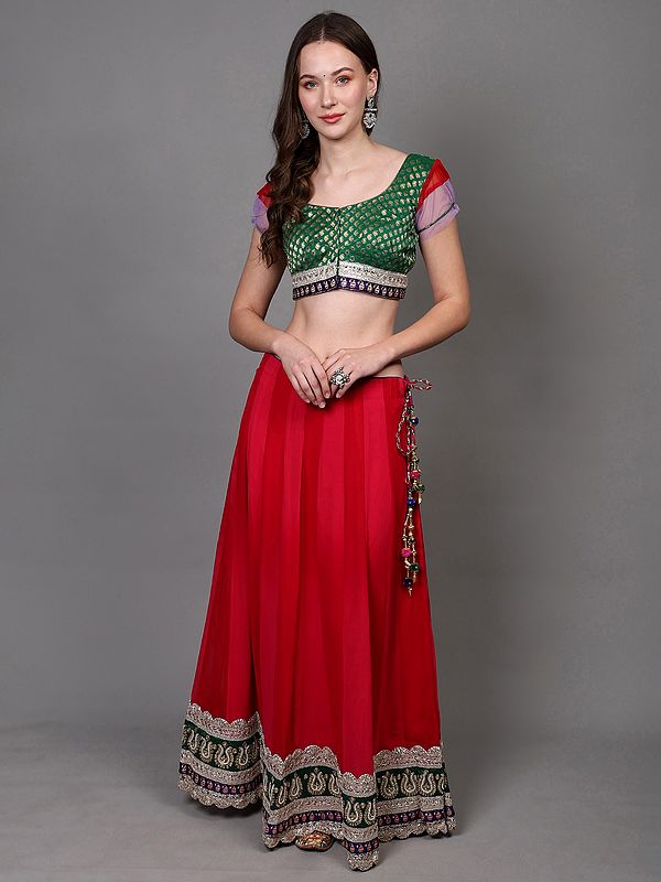 Rethink-Pink Georgette Lehenga with Zari Brocaded Green Choli and Bead-Stone Embroidered Patch Border
