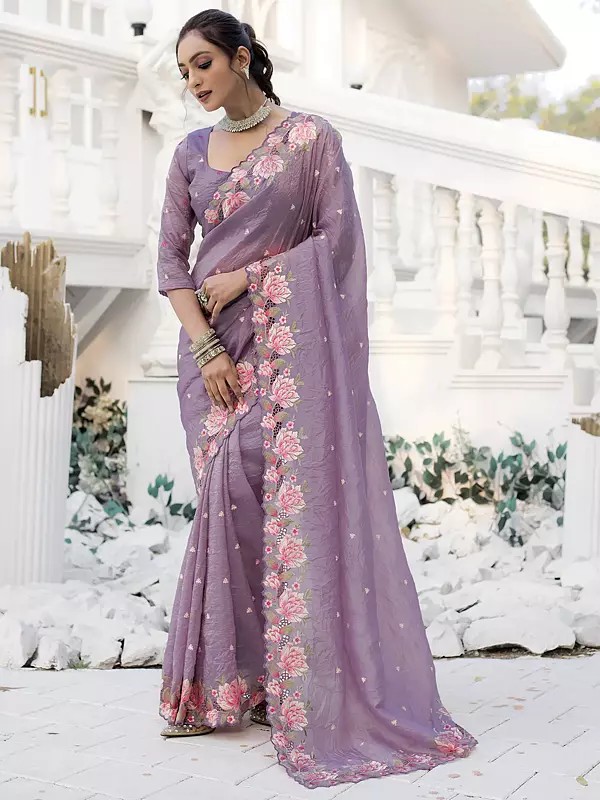 Pure Crush Silk Embroidery And Cutwork Floral Border Party Wear Saree With Matching Blouse