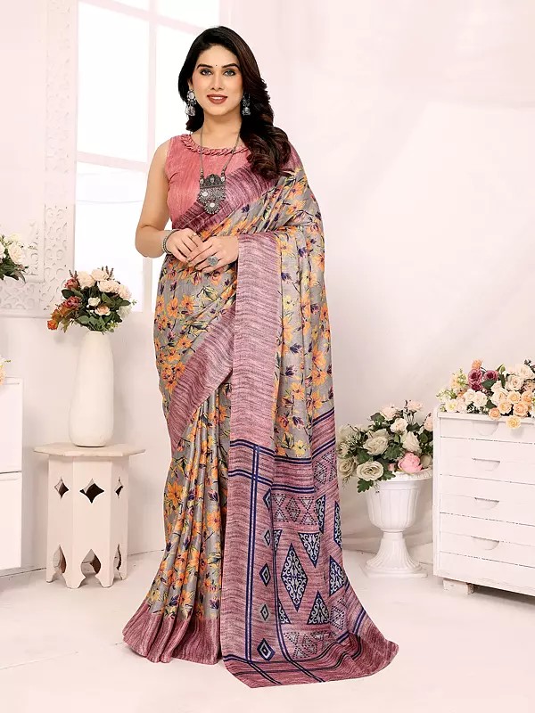 Khadi Saree All Over Floral Printed Attractive Festive Wear Saree With Blouse