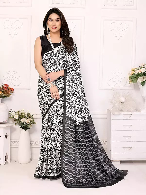 Floral Printed Khadi Attractive Party Wear Saree With Zig-Zag Pattern Pallu