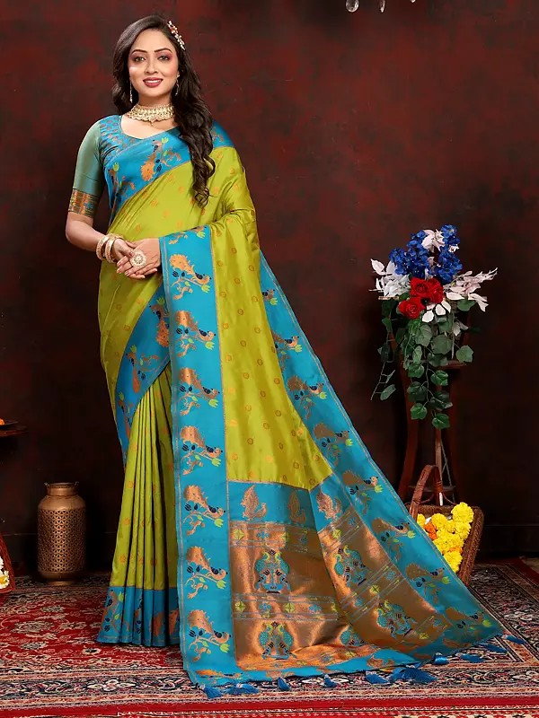 Peacock Motifs Wide Border Zari Weaving Paithani Silk Saree With Tassels Pallu