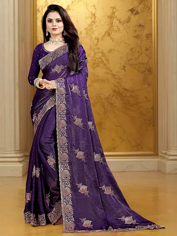 Honey-Flower Embroidery Work Elegant Chiffon Party Wear Saree With Floral Border And Blouse