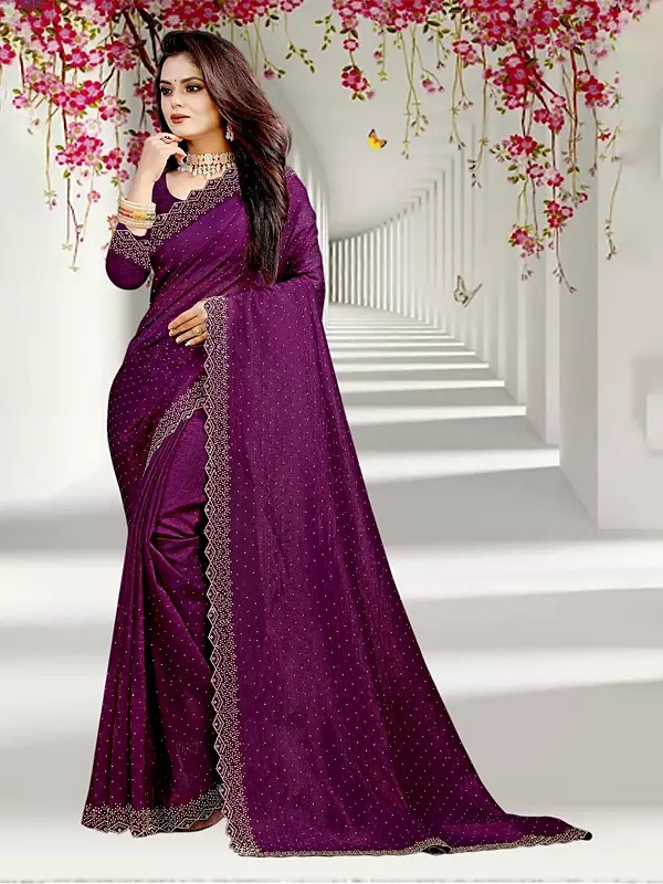 Mulberry-Wood Sequins Work Attractive Border Silk Party Wear Saree With Matching Blouse