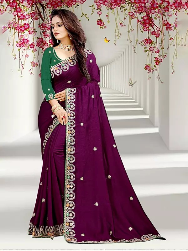 Deep-Violet Sequins And Embroidery Work Attractive Wedding Wear Vichitra Silk Saree With Blouse