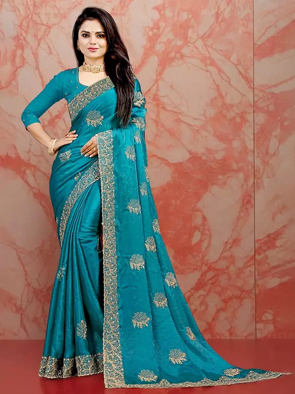Macaw-Blue-Green Chiffon Embroidery And Sequins Work Embellished Wedding Wear Saree
