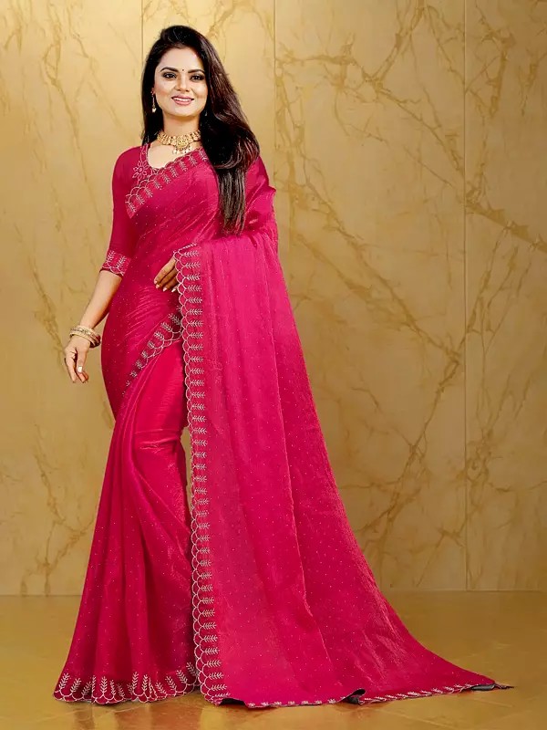 Pink-Lemonade Attractive Chiffon Sequins Work Fancy Party Wear Saree With Matching Blouse