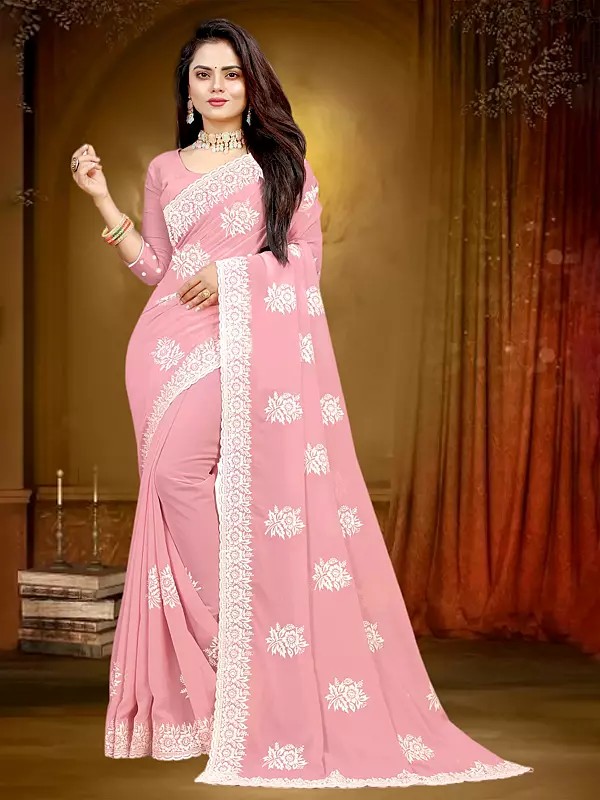 Flamingo-Pink Blooming Georgette Floral Embroidery Work Festive Wear Saree