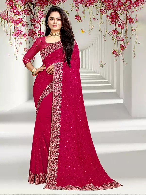 Rose-Red Embellished Sequins Work Floral Wide Border Blooming Georgette Saree