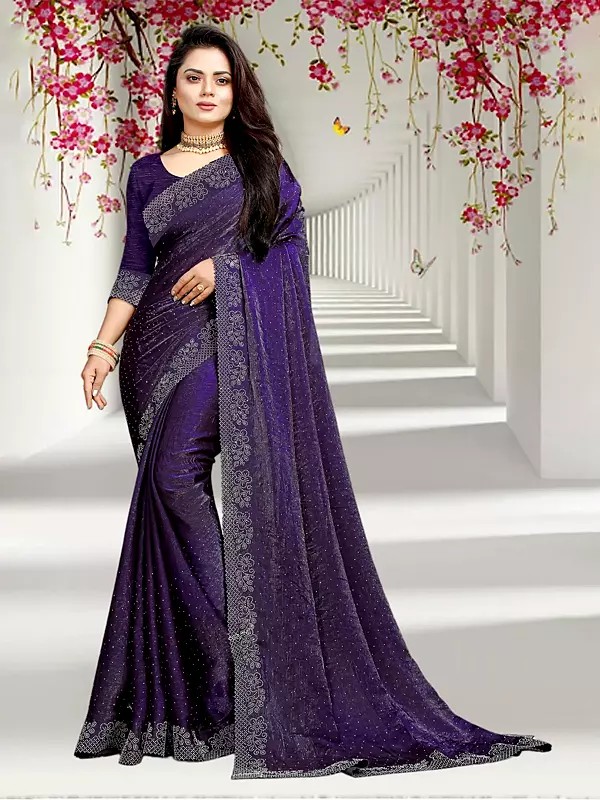 Purple-Haze Sequins Work Floral Border Fancy Embellished Chiffon Festive Wear Saree