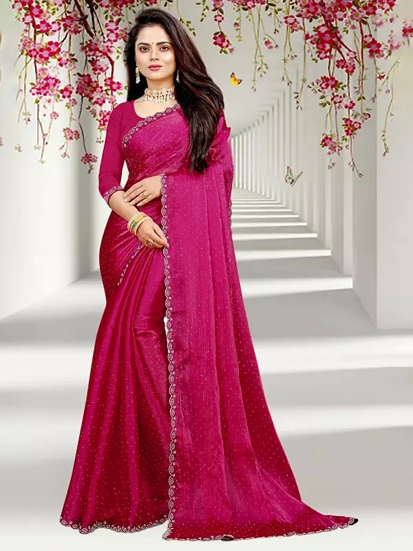 Burnt-Pink Blooming Georgette Saree With Sequins Work Embellished Border Saree