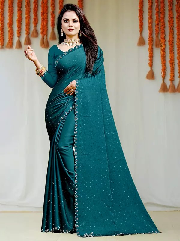 Blue-Stone Fancy Blooming Georgette Sequins Work Polka Dots Embellished Party Wear Saree