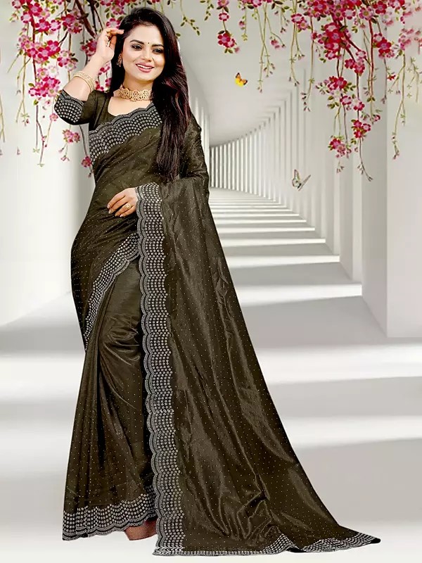 Lisbon-Brown Sequins Work Wide Border Polka Dots Elegant Chiffon Festive Wear Saree