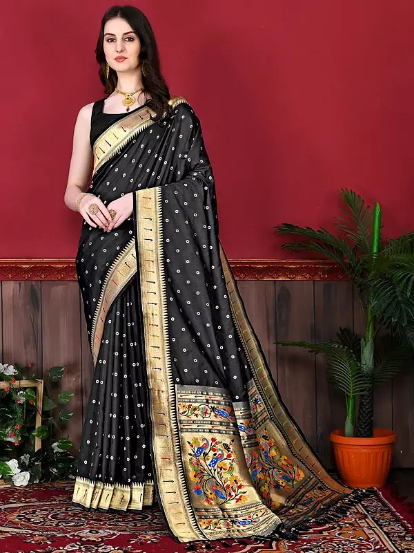 Soft Paithani Silk Polka Dots Attractive Festive Wear Saree With Peacock Motifs Contrast Pallu