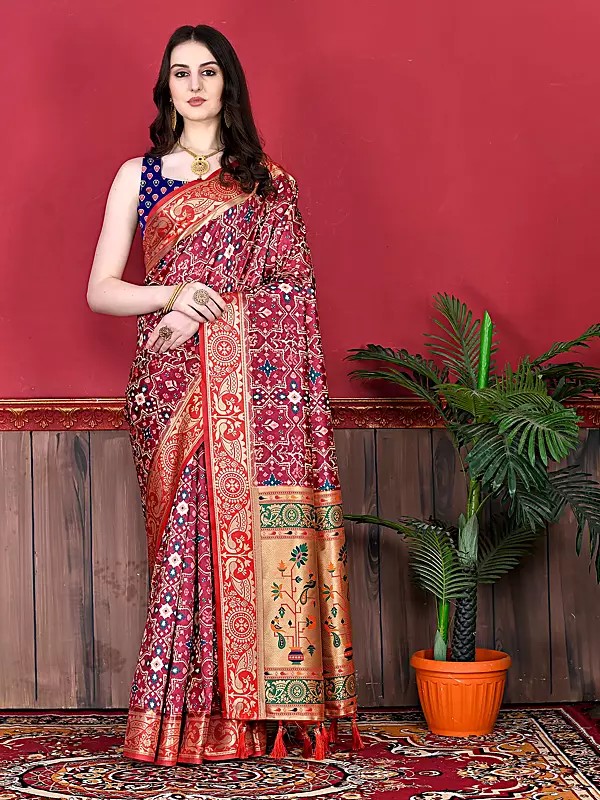 Soft Paithani Silk Ethnic Woven Motifs Attractive Festive Wear Saree With Contrast Pallu